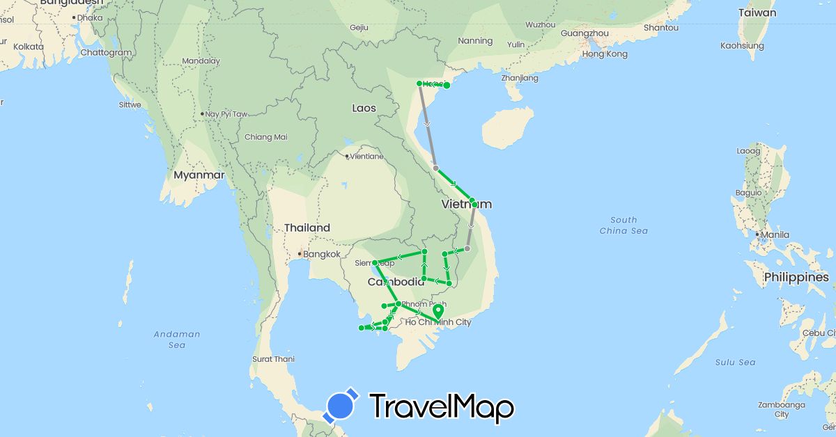 TravelMap itinerary: bus, plane in Cambodia, Vietnam (Asia)
